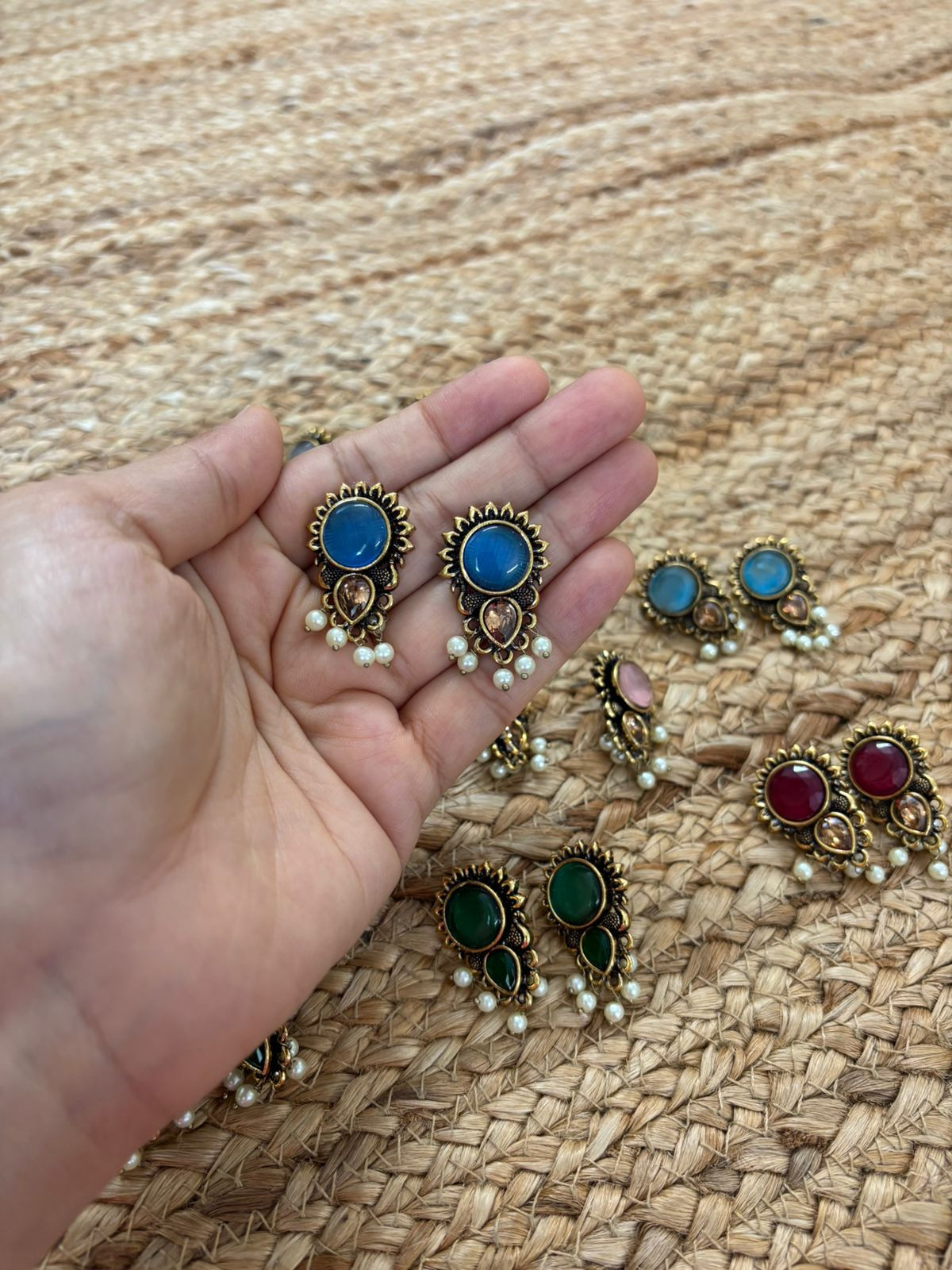 Metallic Oxidised Gold Earrings With Stone Settings - Blue