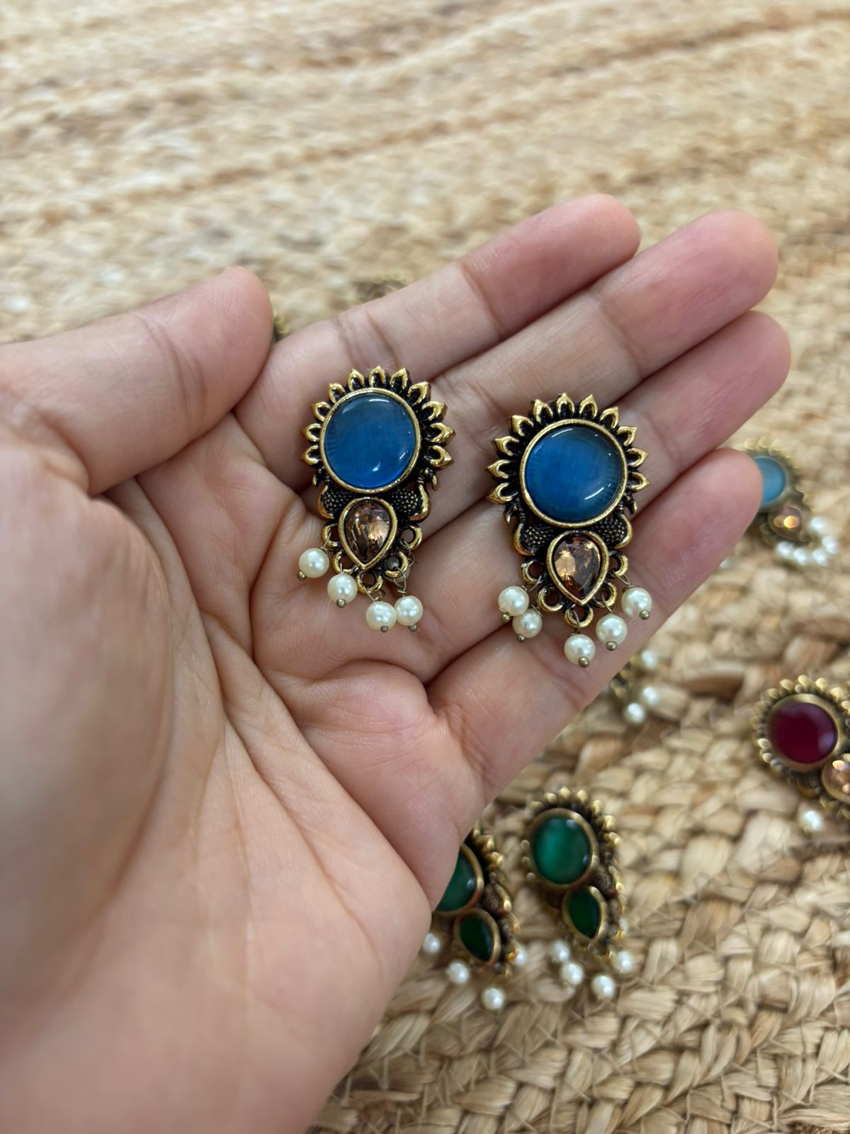 Metallic Oxidised Gold Earrings With Stone Settings - Blue