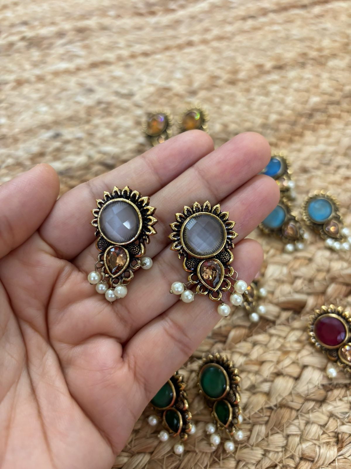 Metallic Oxidised Gold Earrings With Stone Settings - White