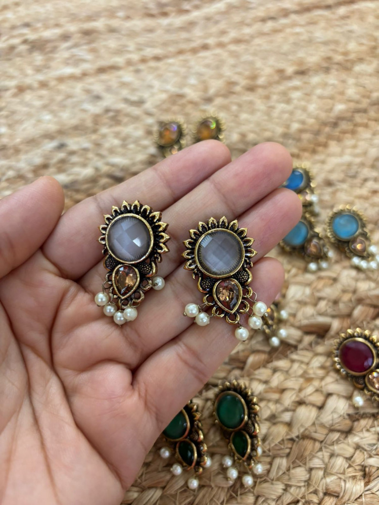 Image of Metallic Oxidised Gold Earrings With Stone Settings - White
