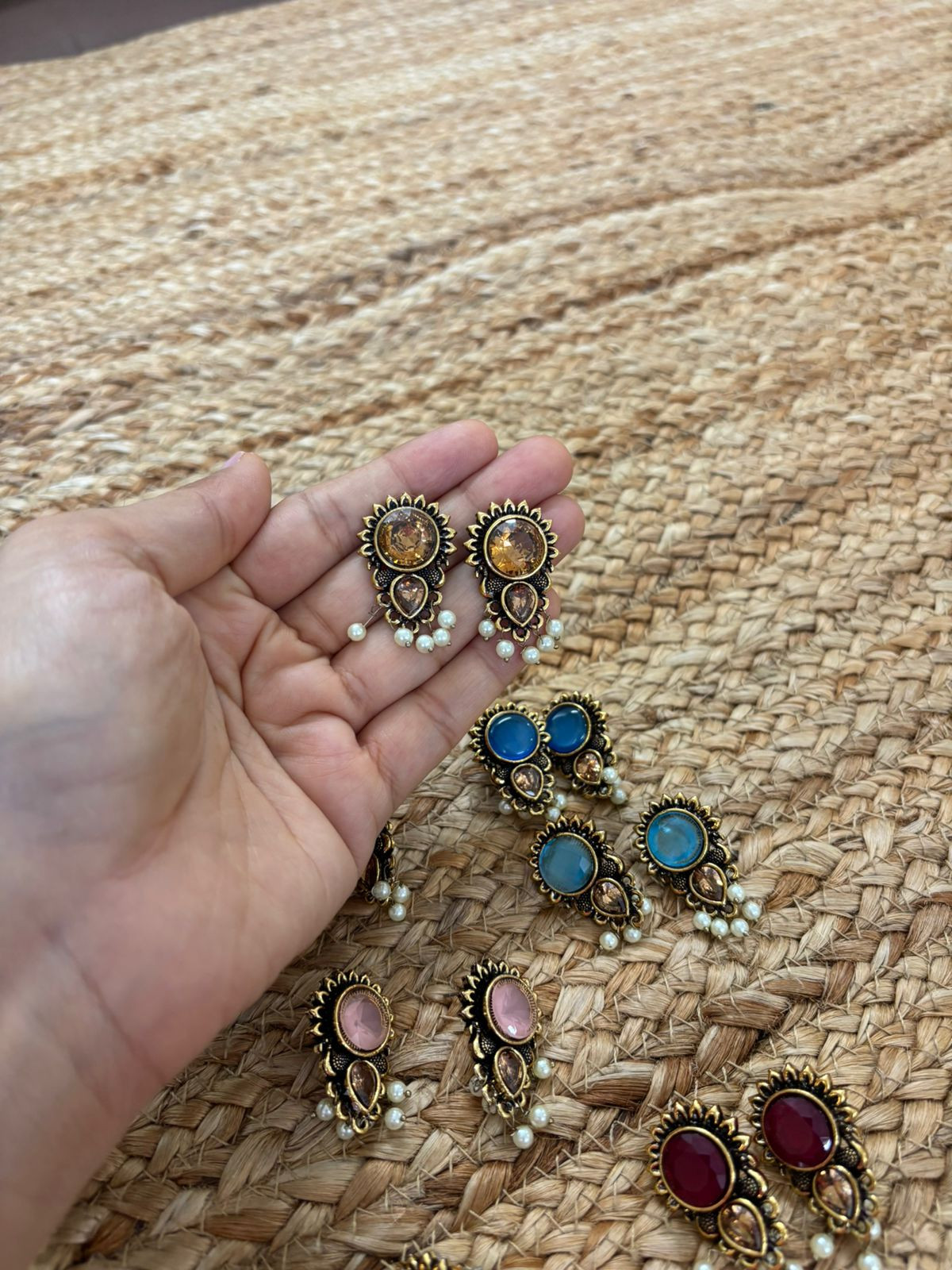 Metallic Oxidised Gold Earrings With Stone Settings - Gold
