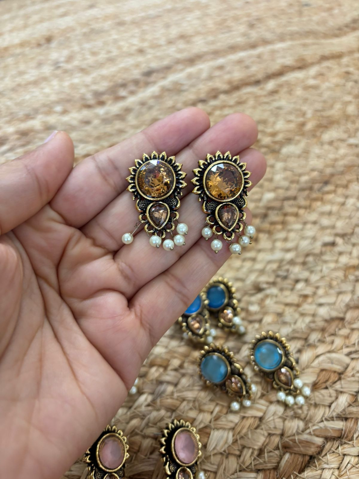 Metallic Oxidised Gold Earrings With Stone Settings - Gold