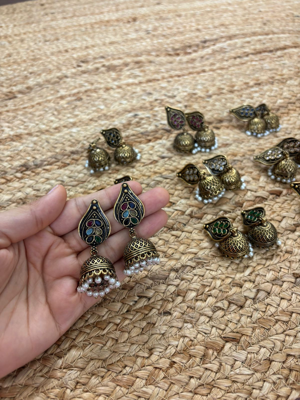 Metallic Oxidised Gold Earrings With Stone Settings - Multicolour