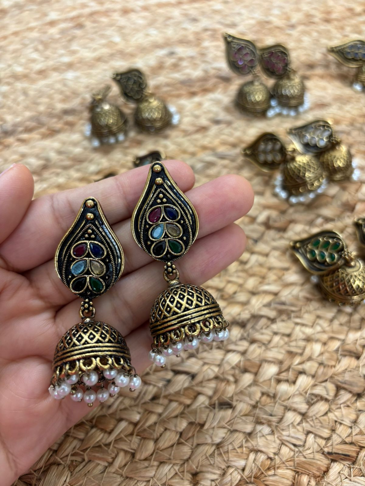 Metallic Oxidised Gold Earrings With Stone Settings - Multicolour
