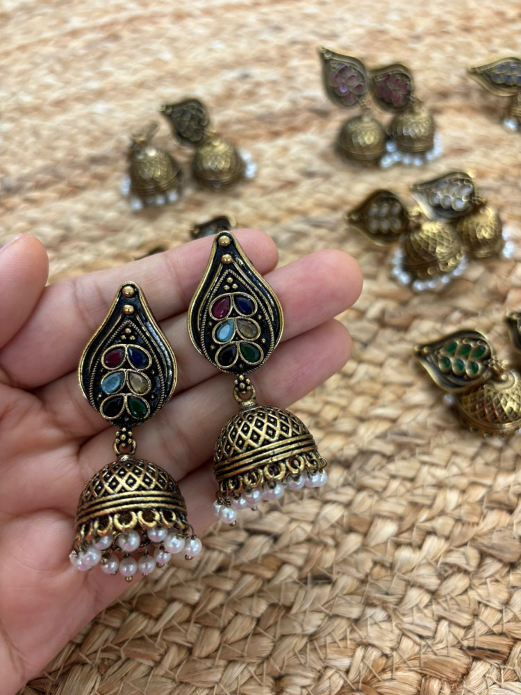Image of Metallic Oxidised Gold Earrings With Stone Settings - Multicolour