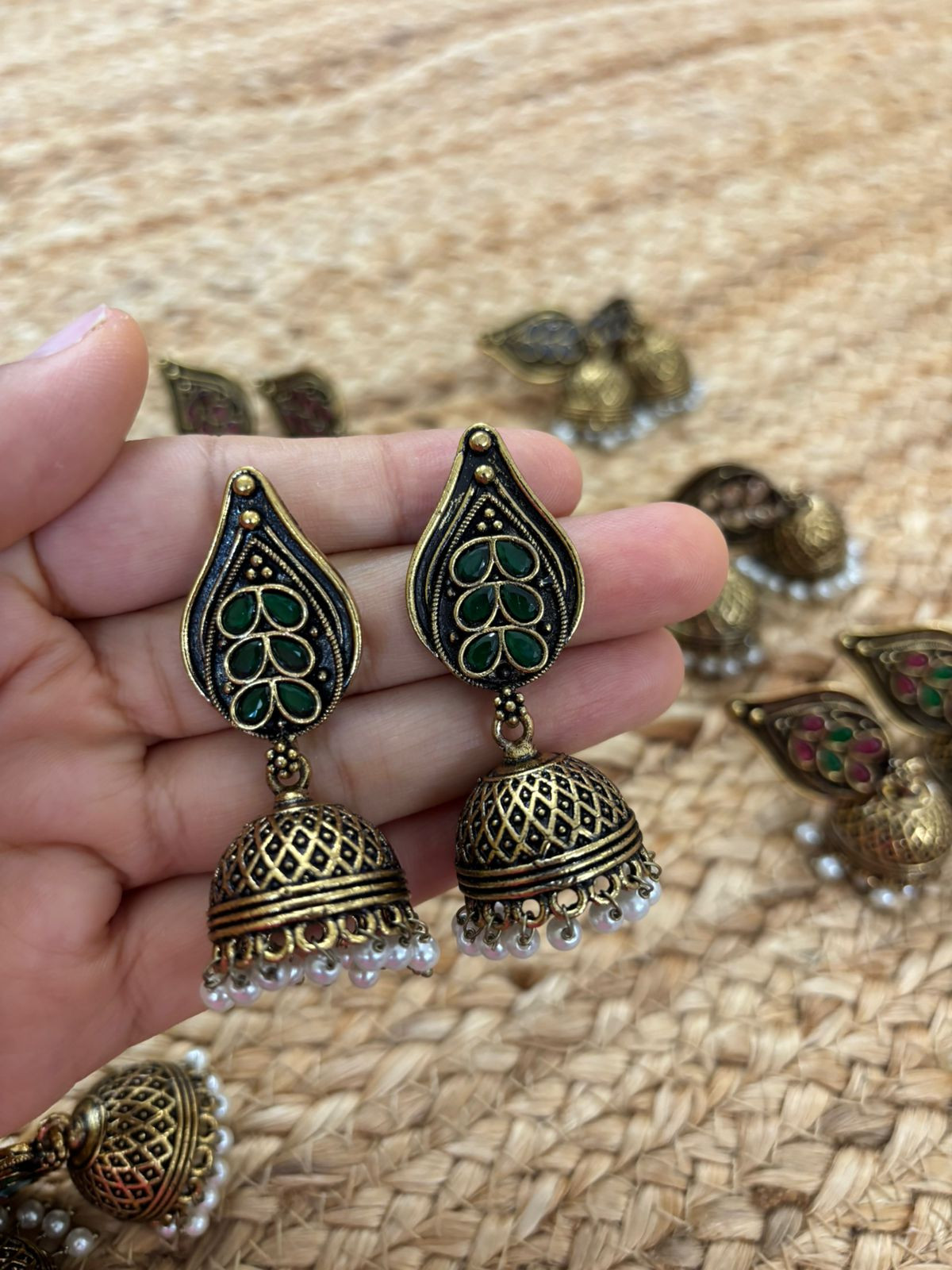 Metallic Oxidised Gold Earrings With Stone Settings - Green