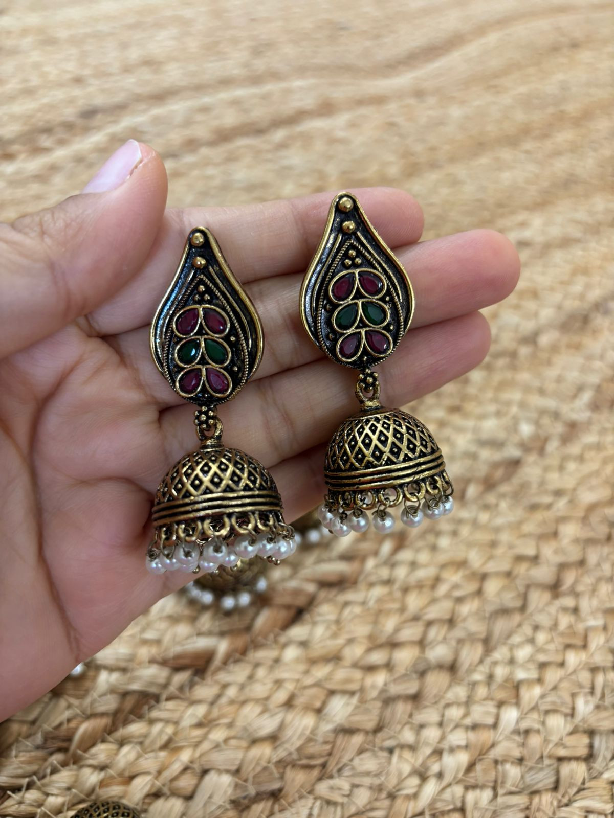 Metallic Oxidised Gold Earrings With Stone Settings - Maroon-Green