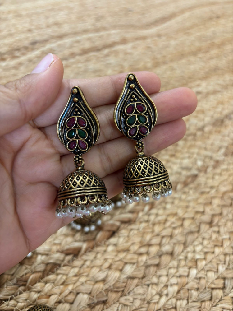 Image of Metallic Oxidised Gold Earrings With Stone Settings - Maroon-Green