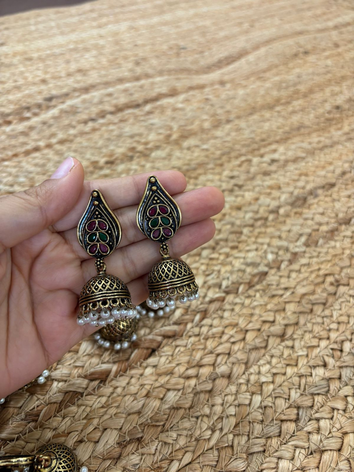 Metallic Oxidised Gold Earrings With Stone Settings - Maroon-Green