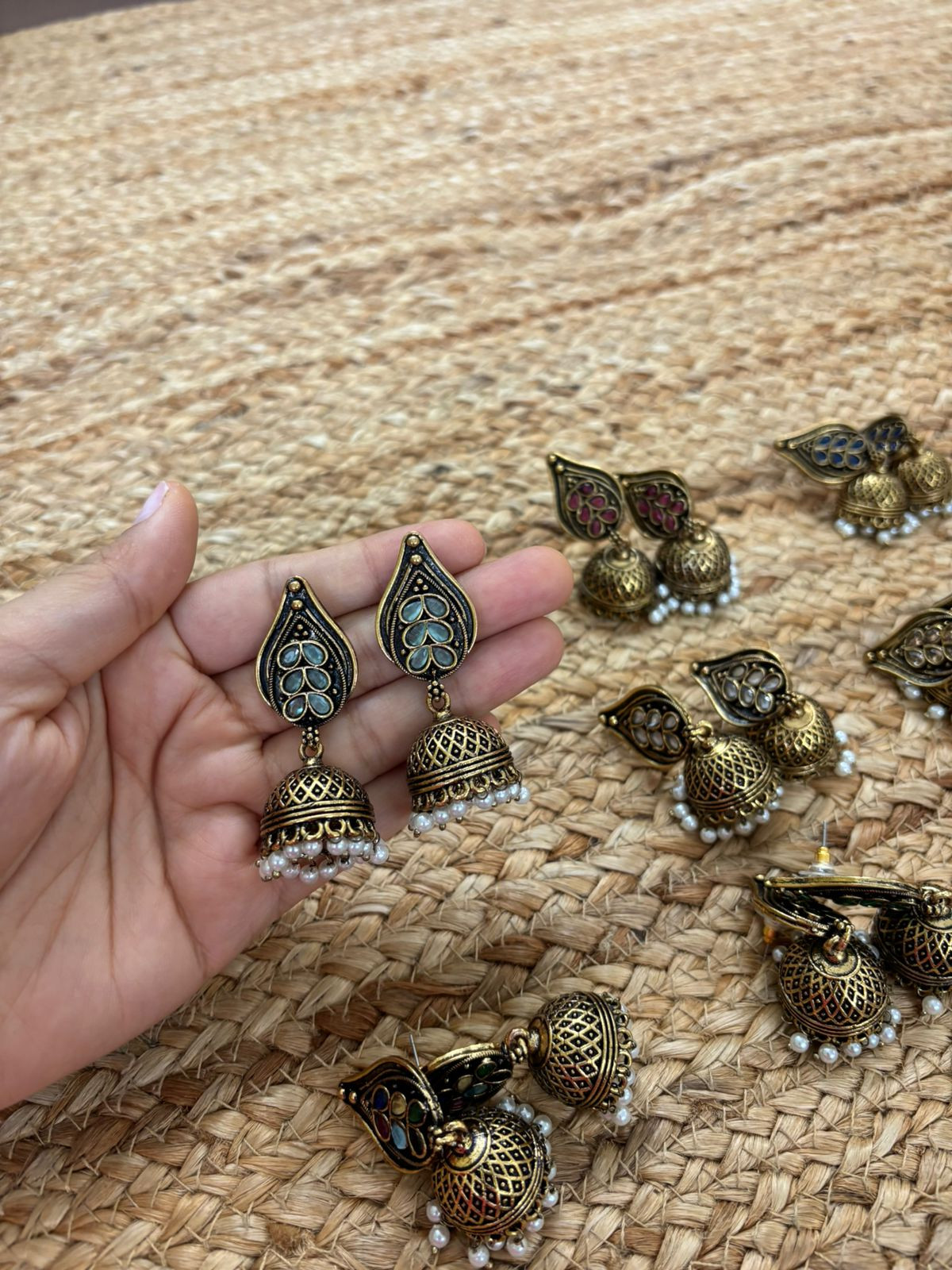 Metallic Oxidised Gold Earrings With Stone Settings - SeaGreen