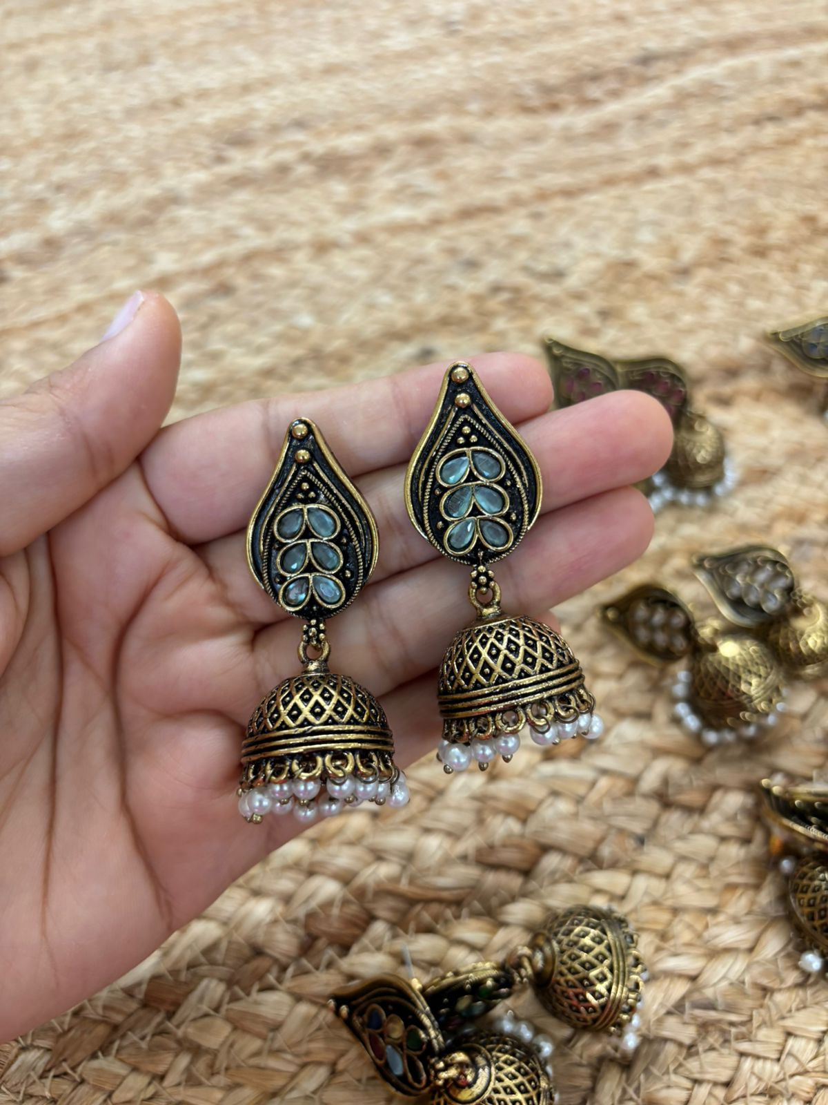 Metallic Oxidised Gold Earrings With Stone Settings - SeaGreen