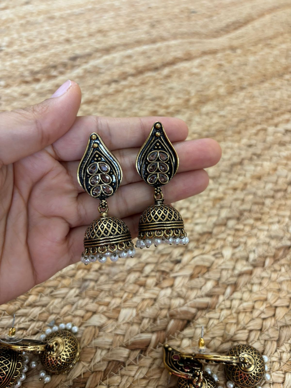 Metallic Oxidised Gold Earrings With Stone Settings - Gold