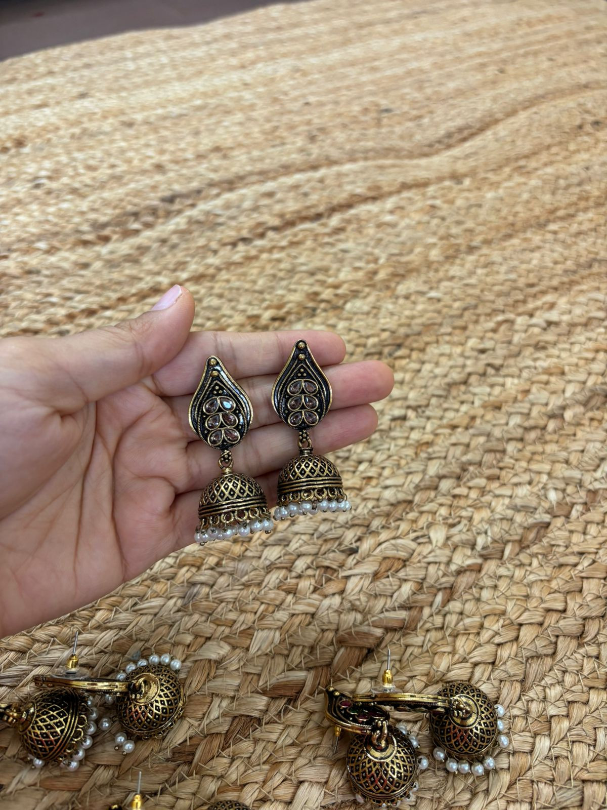 Metallic Oxidised Gold Earrings With Stone Settings - Gold
