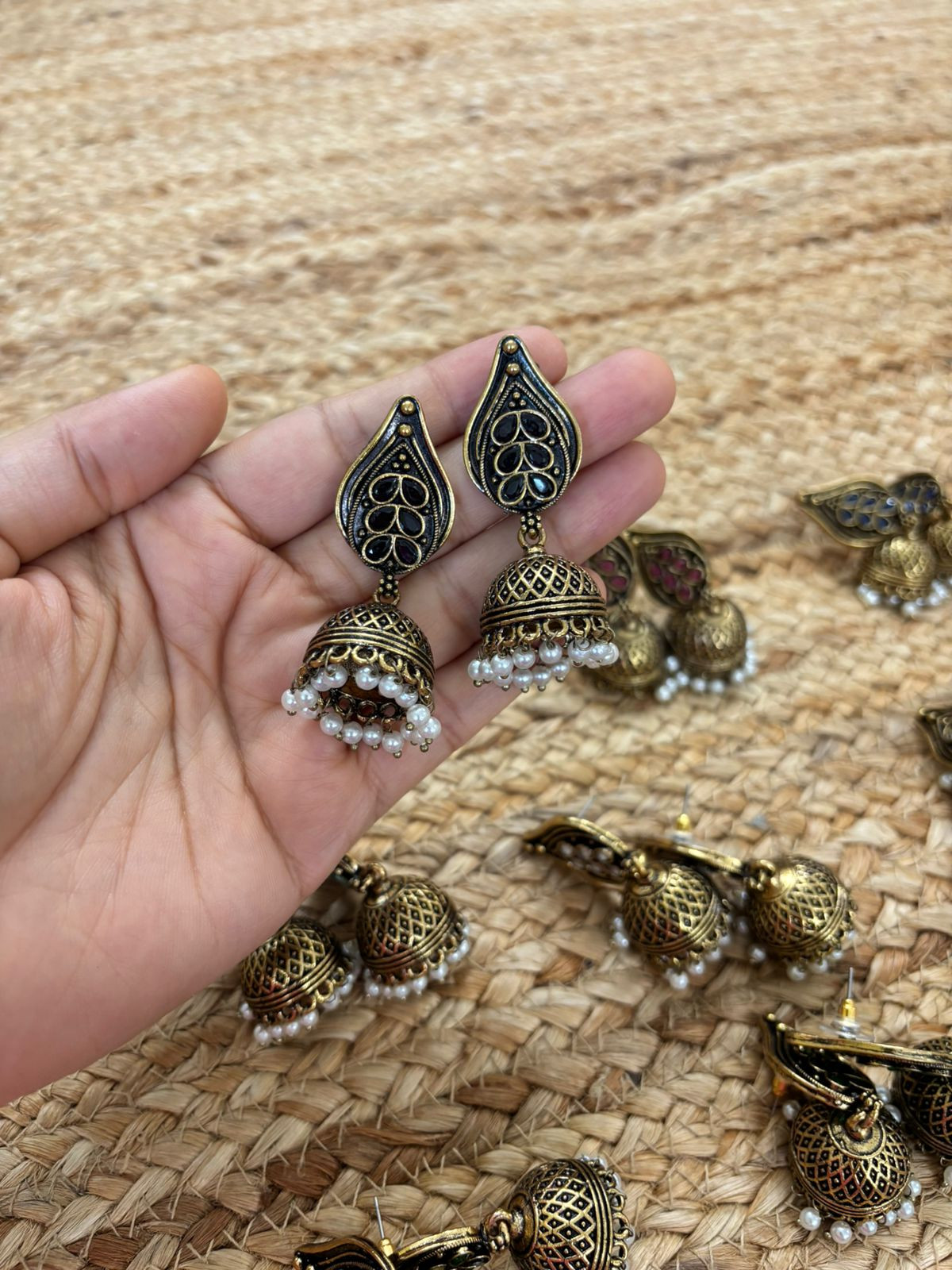Metallic Oxidised Gold Earrings With Stone Settings - Black