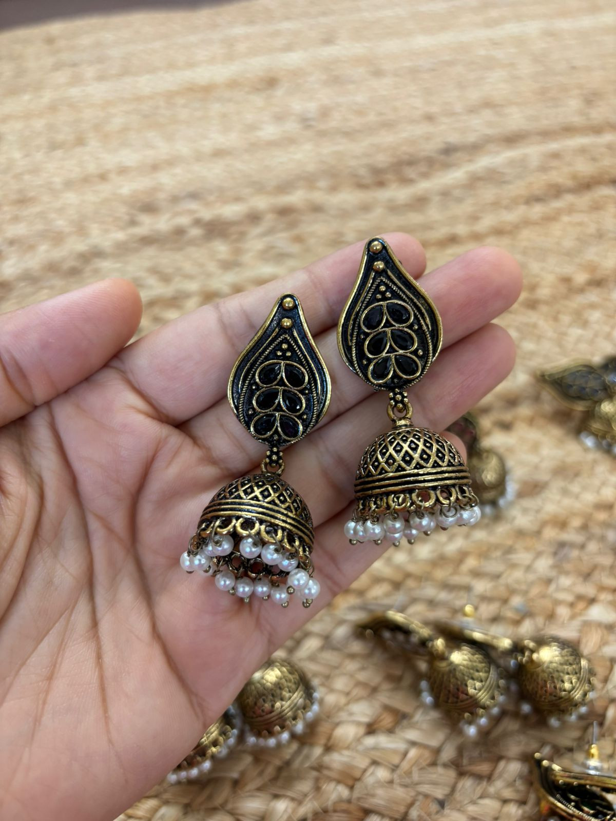 Metallic Oxidised Gold Earrings With Stone Settings - Black