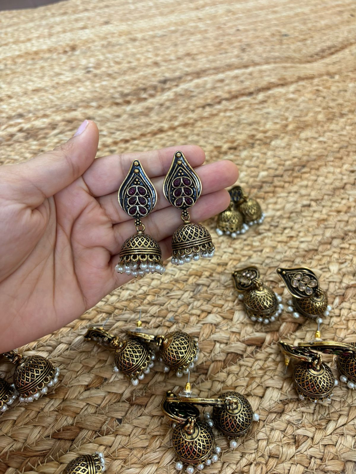 Metallic Oxidised Gold Earrings With Stone Settings - Wine
