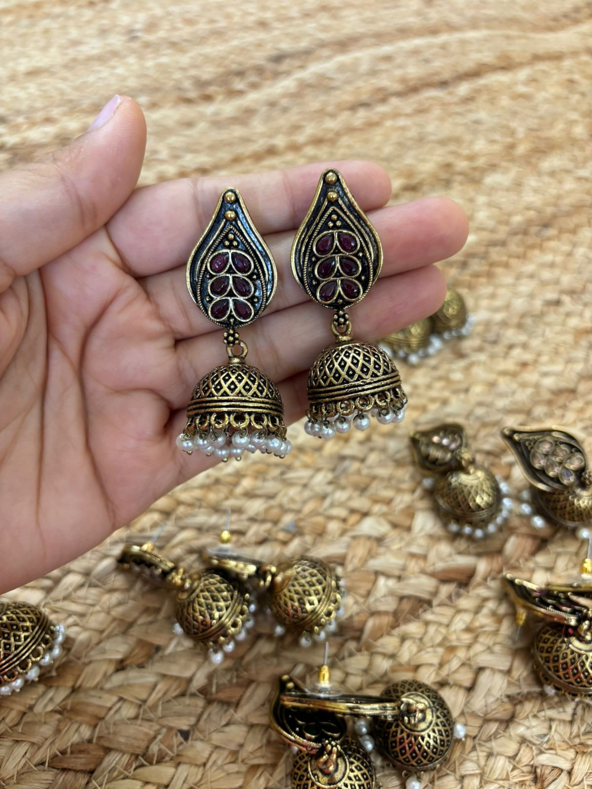 Metallic Oxidised Gold Earrings With Stone Settings - Wine