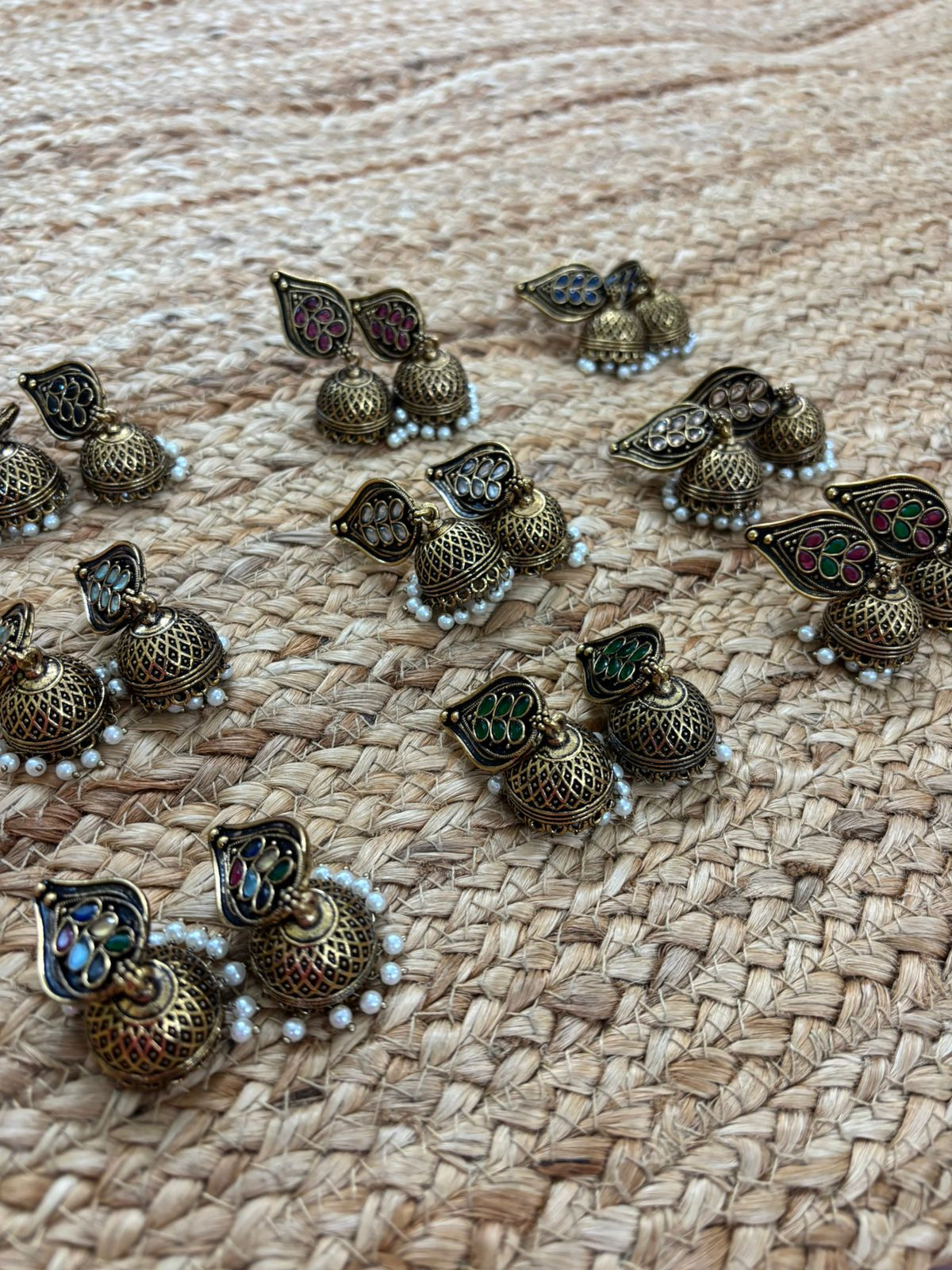 Metallic Oxidised Gold Earrings With Stone Settings - Wine