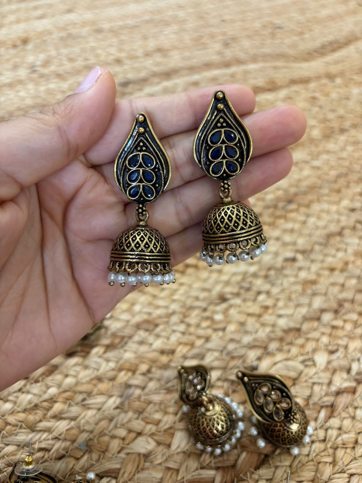 Metallic Oxidised Gold Earrings With Stone Settings - Blue