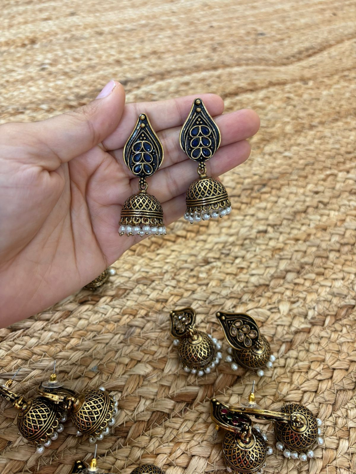 Metallic Oxidised Gold Earrings With Stone Settings - Blue