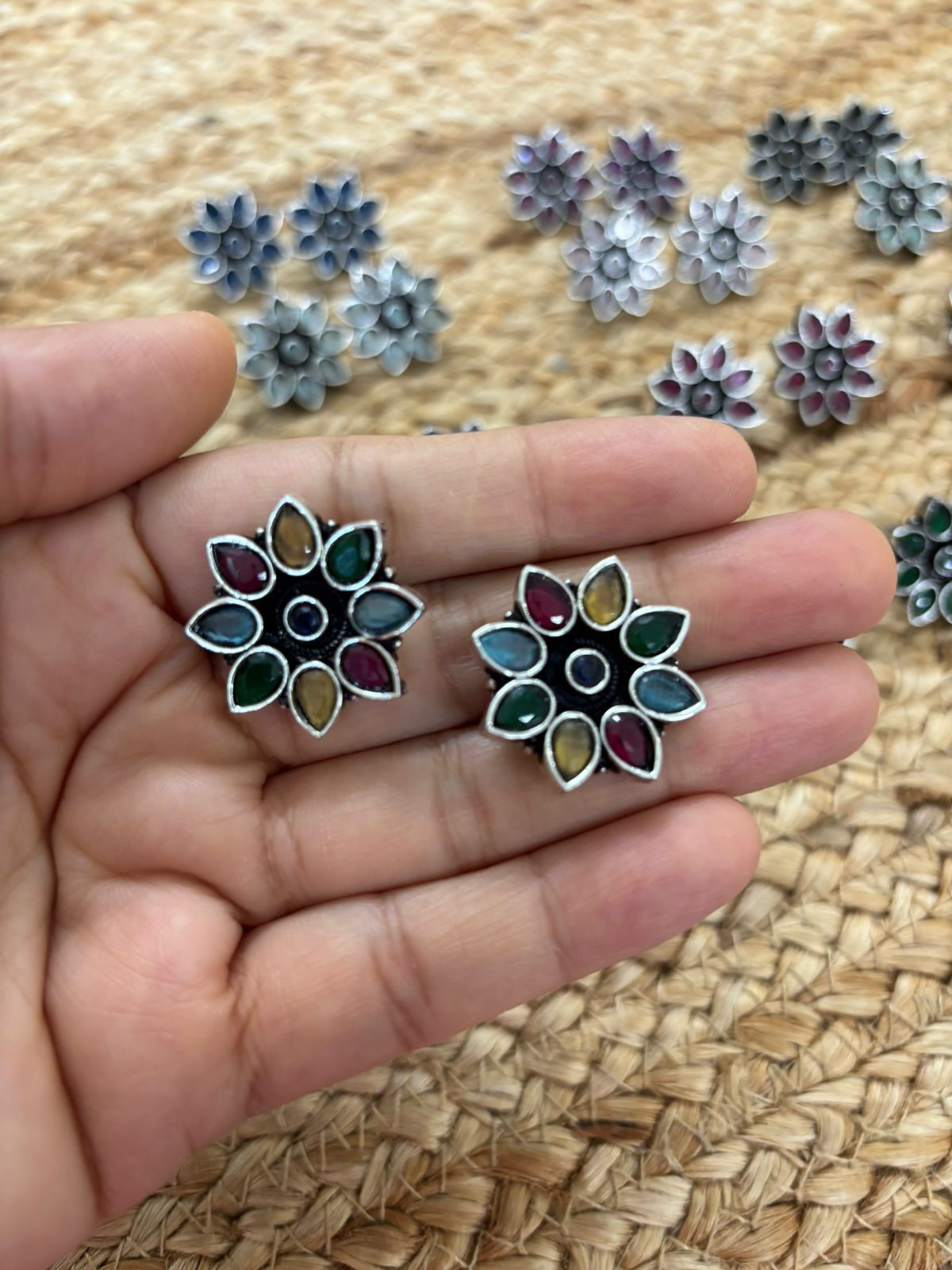 Metallic Silver Oxidised Studs With Stone Settings - Multicolour