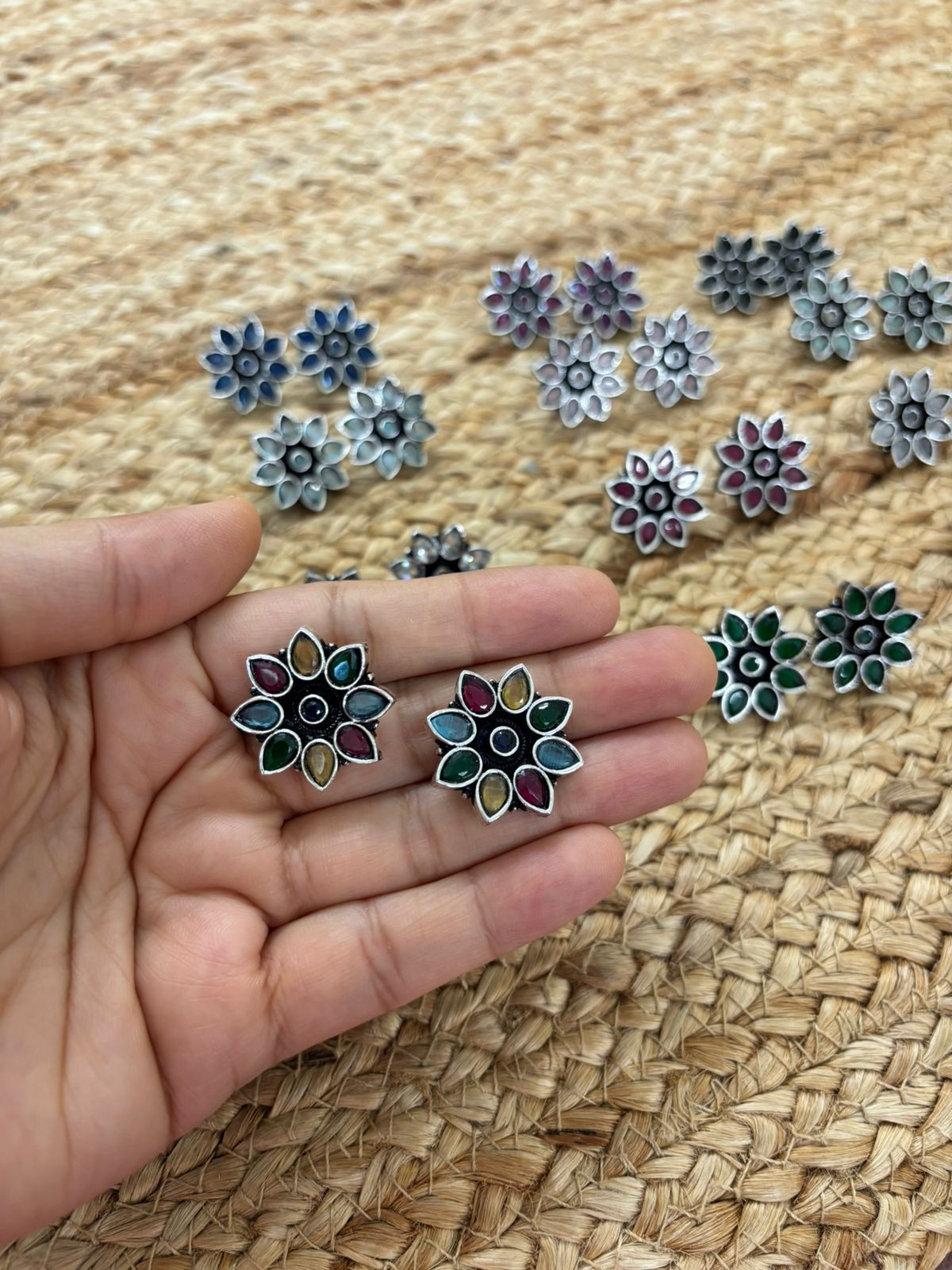 Metallic Silver Oxidised Studs With Stone Settings - Multicolour