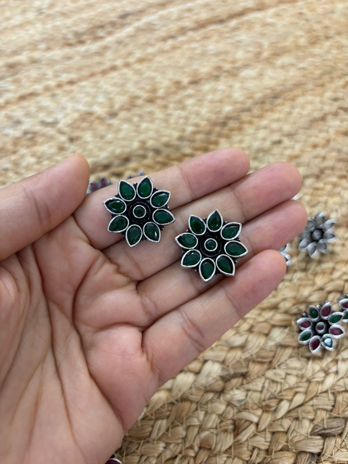 Metallic Silver Oxidised Studs With Stone Settings - Green