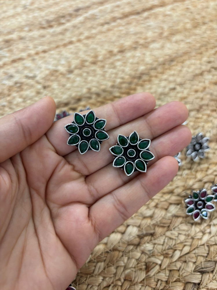 Image of Metallic Silver Oxidised Studs With Stone Settings - Green