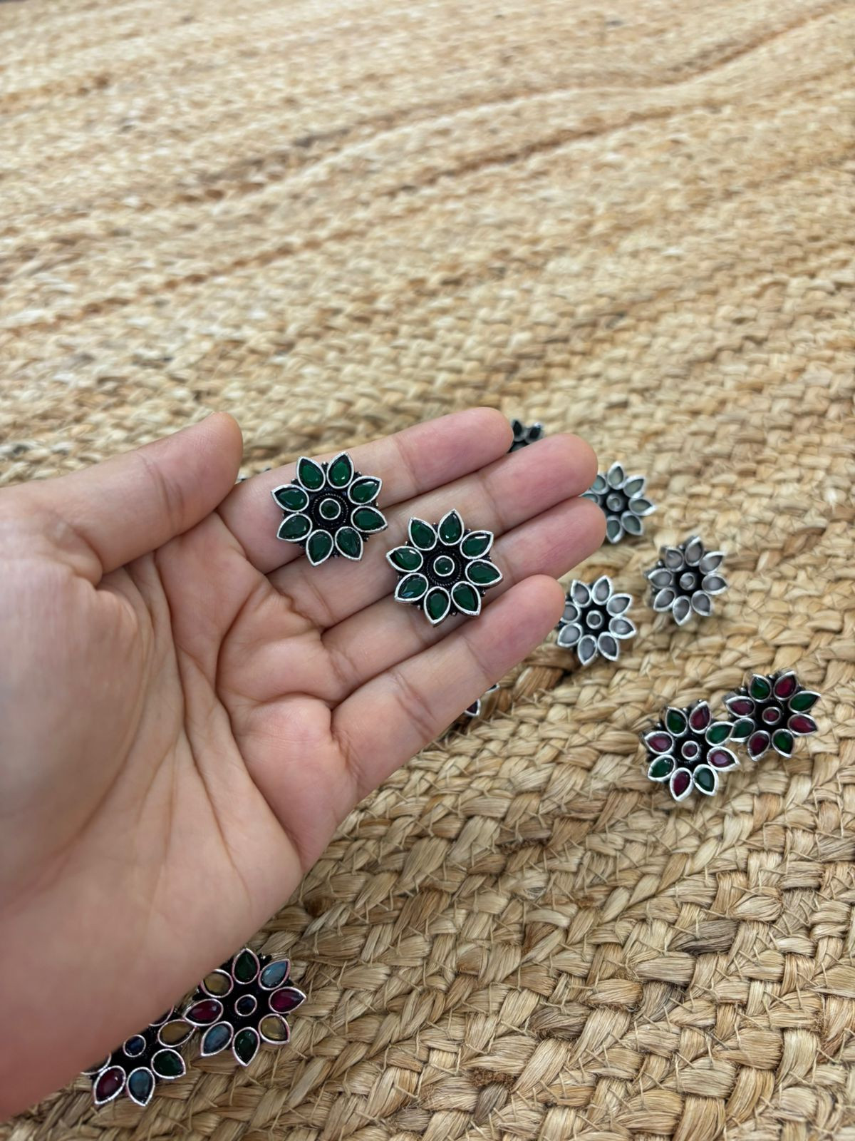 Metallic Silver Oxidised Studs With Stone Settings - Green