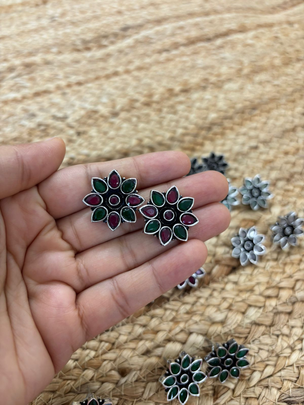 Metallic Silver Oxidised Studs With Stone Settings - Maroon-Green