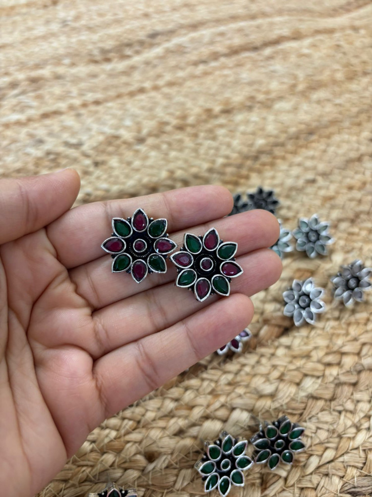 Image of Metallic Silver Oxidised Studs With Stone Settings - Maroon-Green