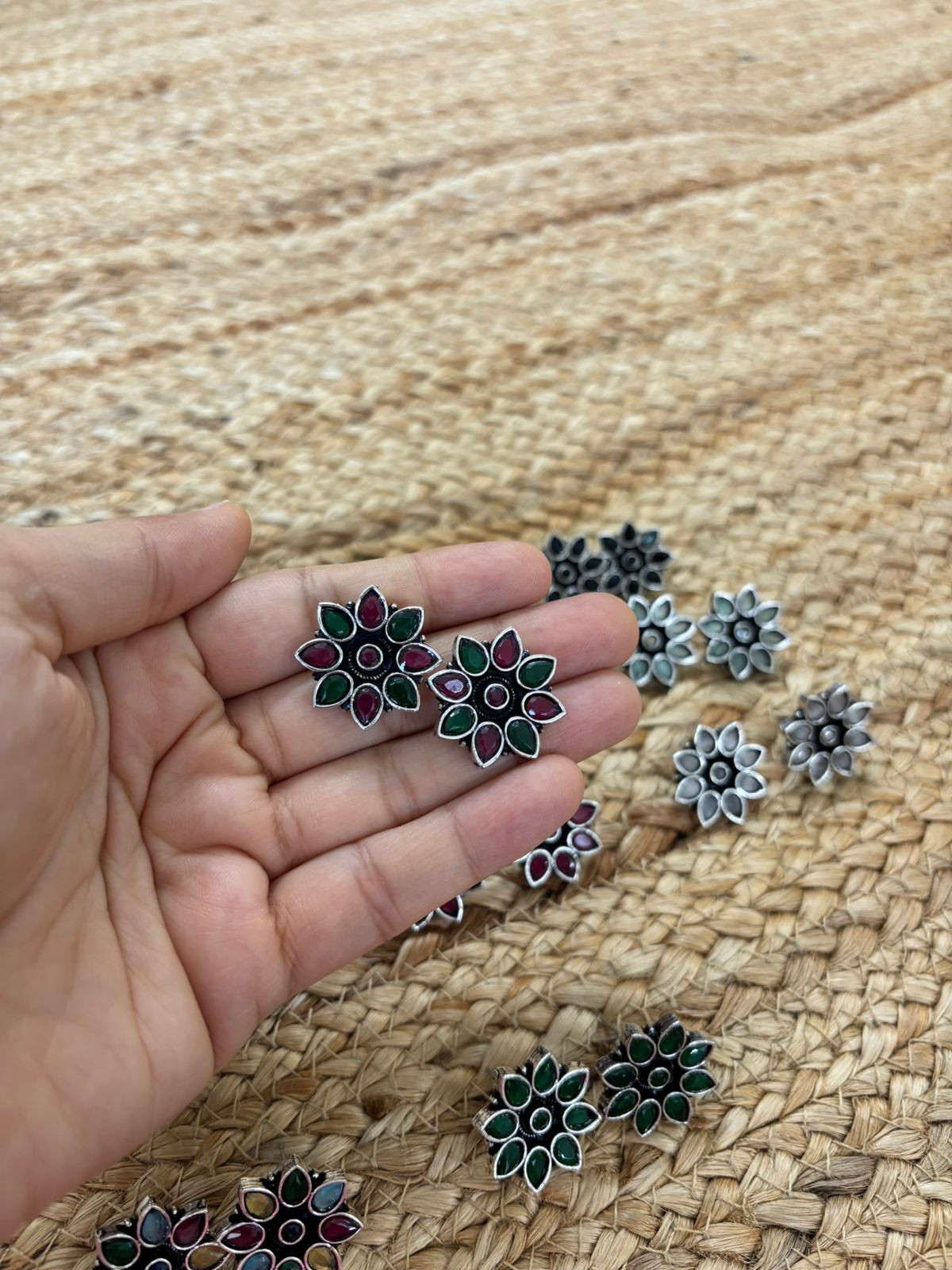 Metallic Silver Oxidised Studs With Stone Settings - Maroon-Green