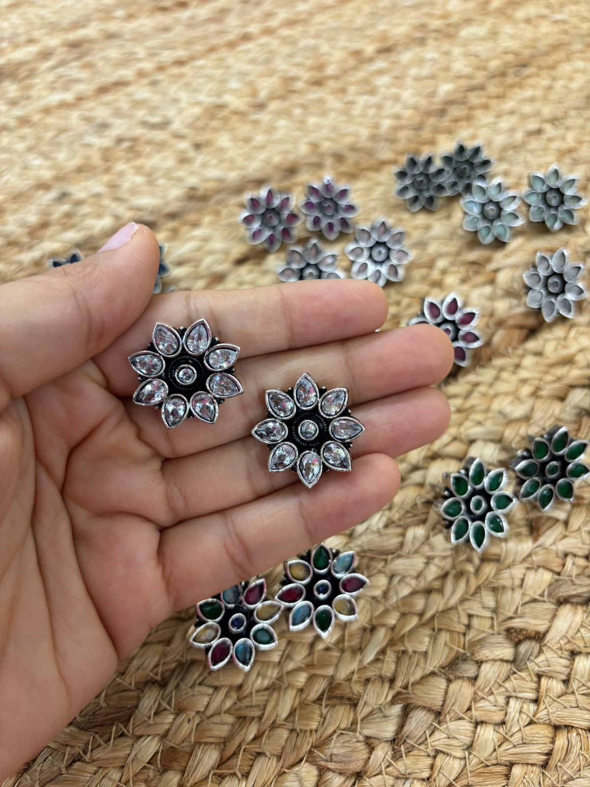 Metallic Silver Oxidised Studs With Stone Settings - Transparent White