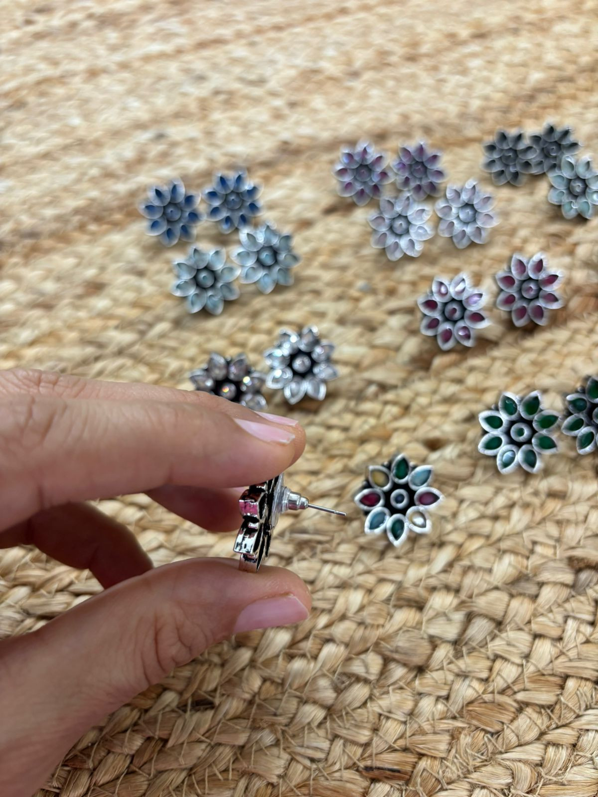 Metallic Silver Oxidised Studs With Stone Settings - Transparent White