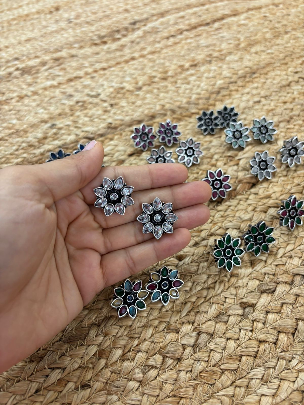 Metallic Silver Oxidised Studs With Stone Settings - Transparent White
