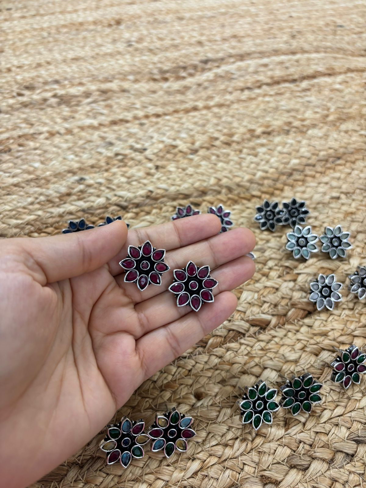 Metallic Silver Oxidised Studs With Stone Settings - Maroon