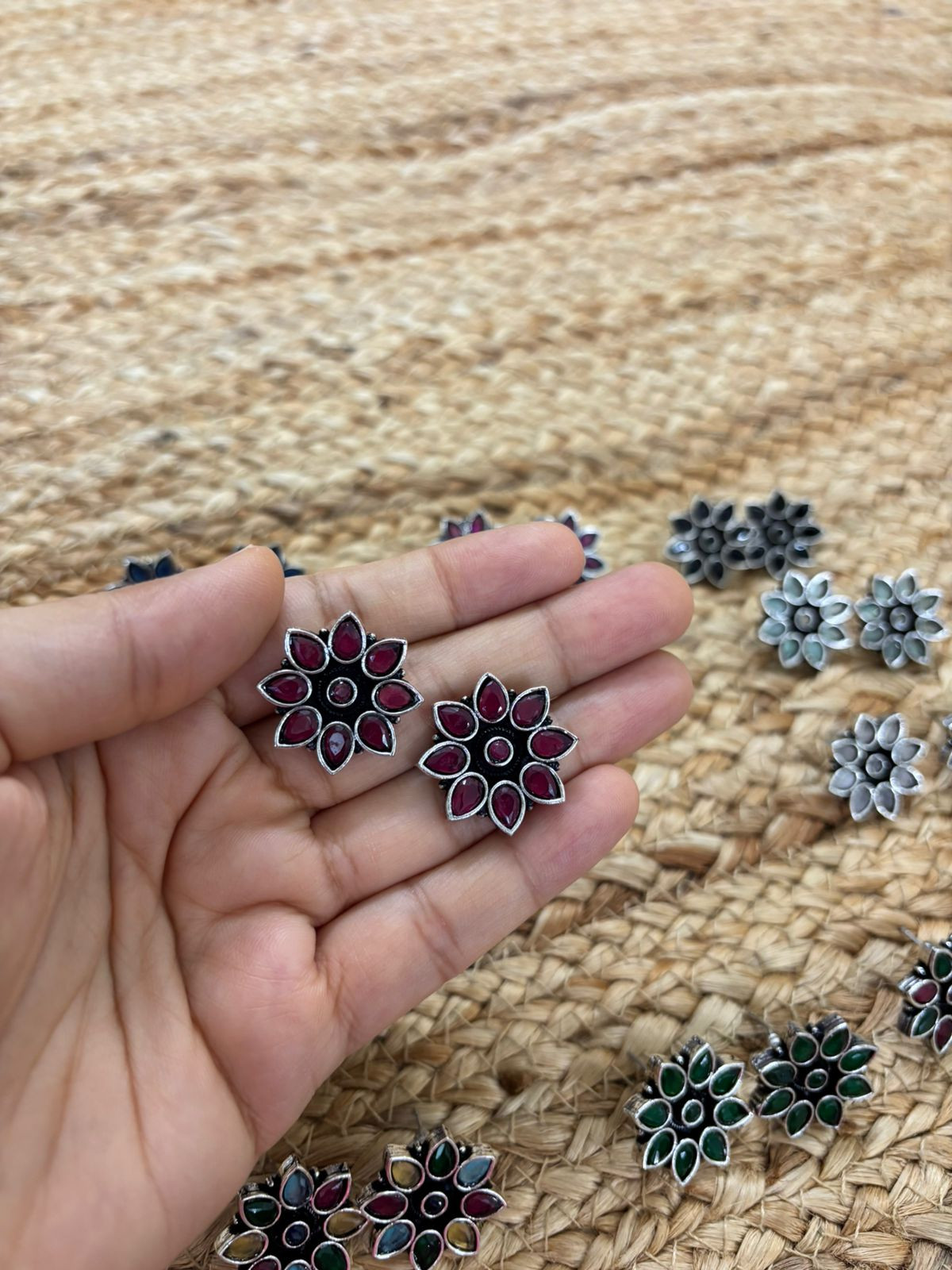 Metallic Silver Oxidised Studs With Stone Settings - Maroon