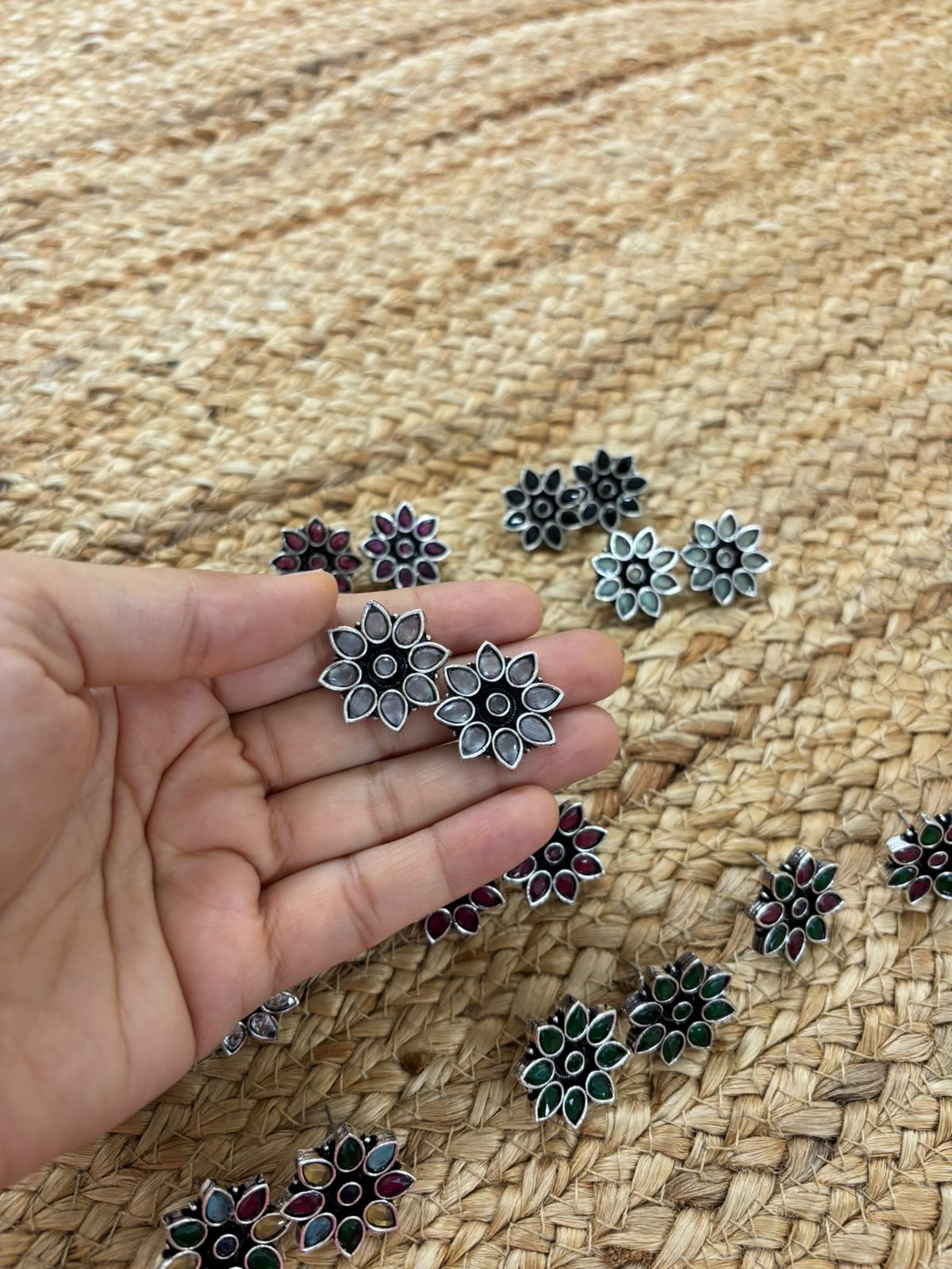 Metallic Silver Oxidised Studs With Stone Settings - White