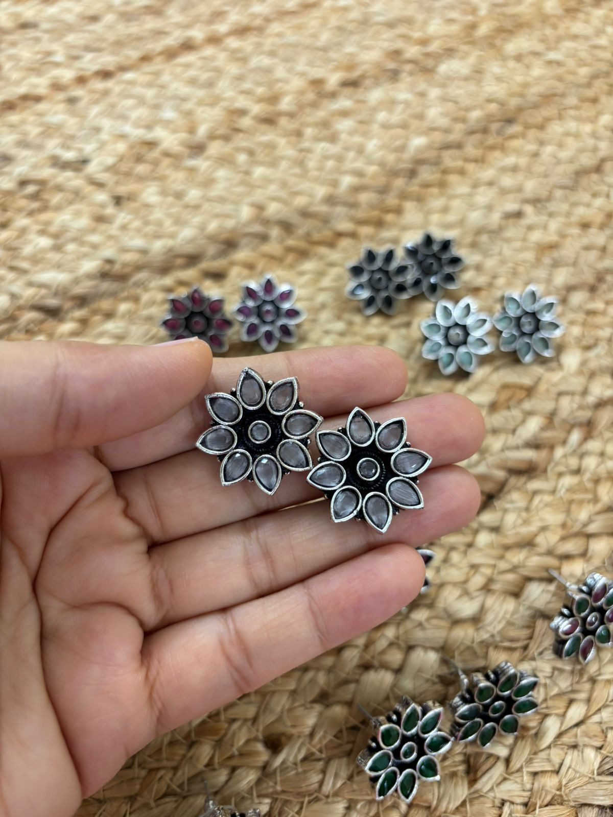 Metallic Silver Oxidised Studs With Stone Settings - White
