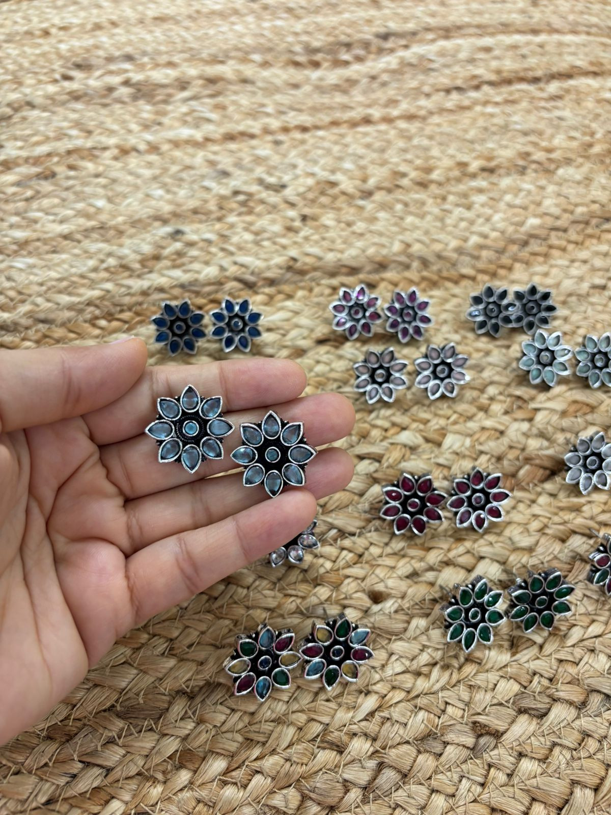 Metallic Silver Oxidised Studs With Stone Settings - Sea Blue