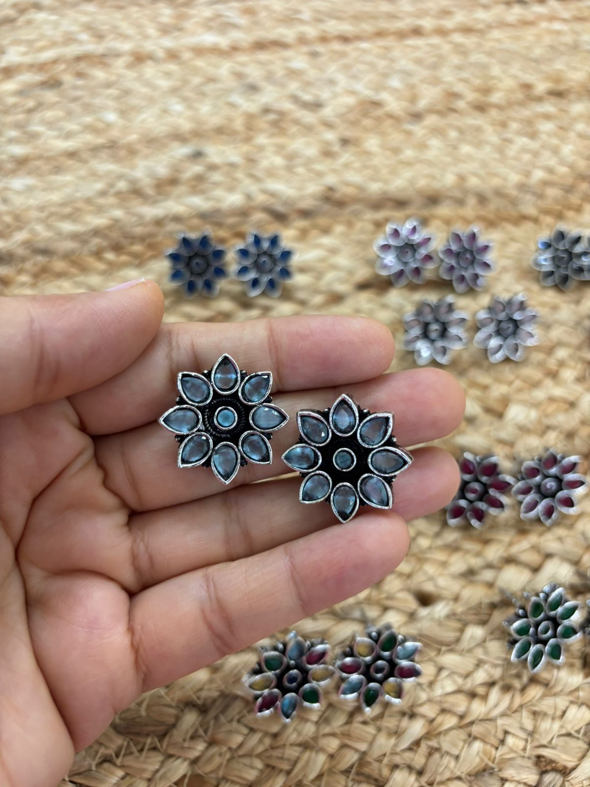 Metallic Silver Oxidised Studs With Stone Settings - Sea Blue