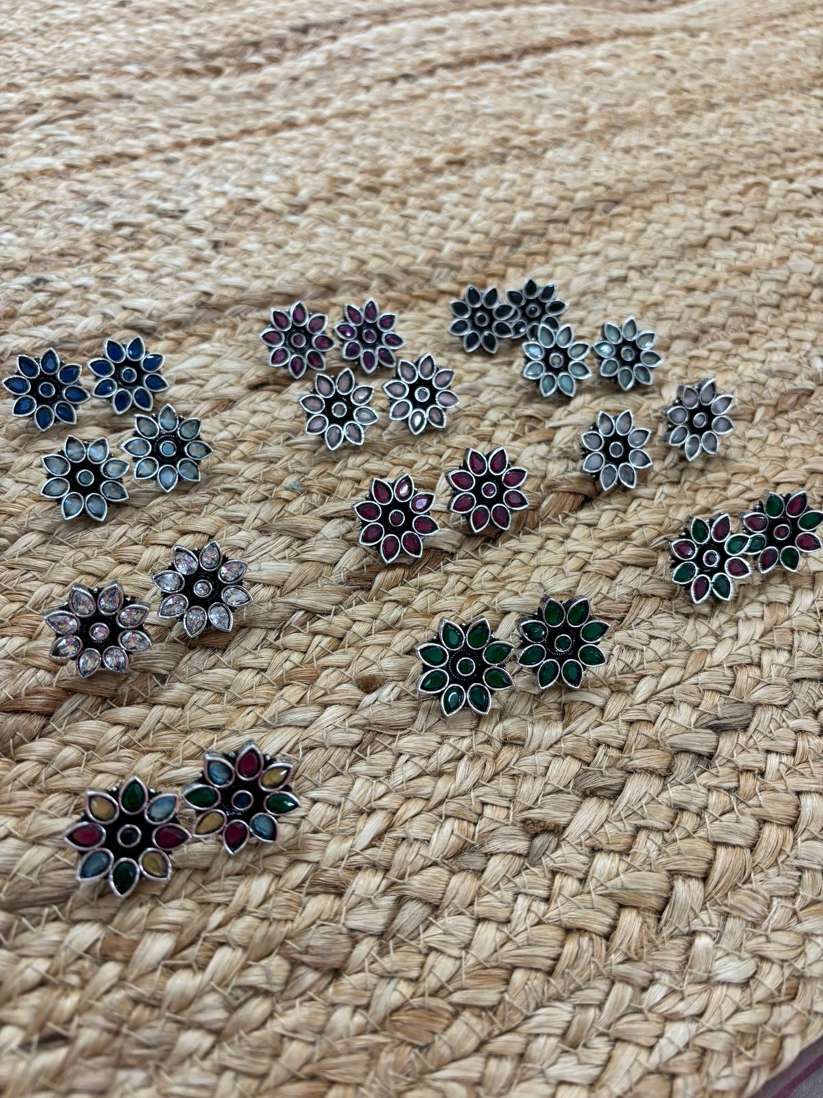Metallic Silver Oxidised Studs With Stone Settings - Black