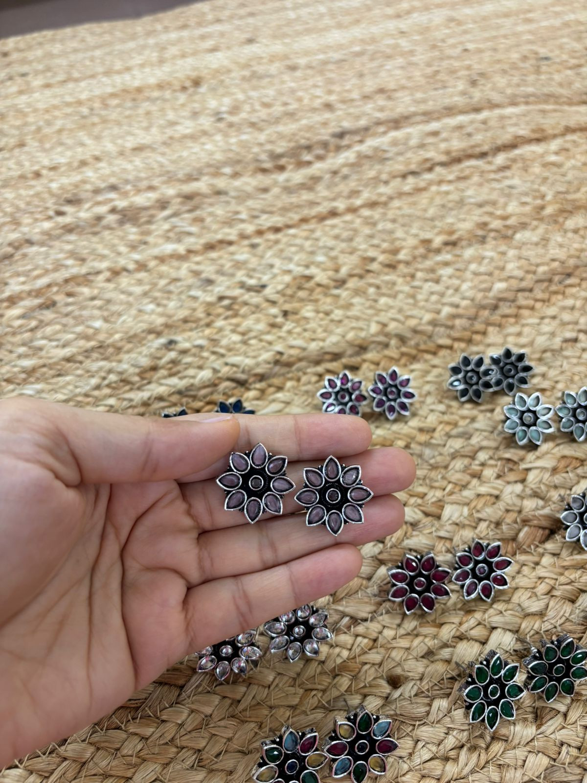 Metallic Silver Oxidised Studs With Stone Settings - Pink