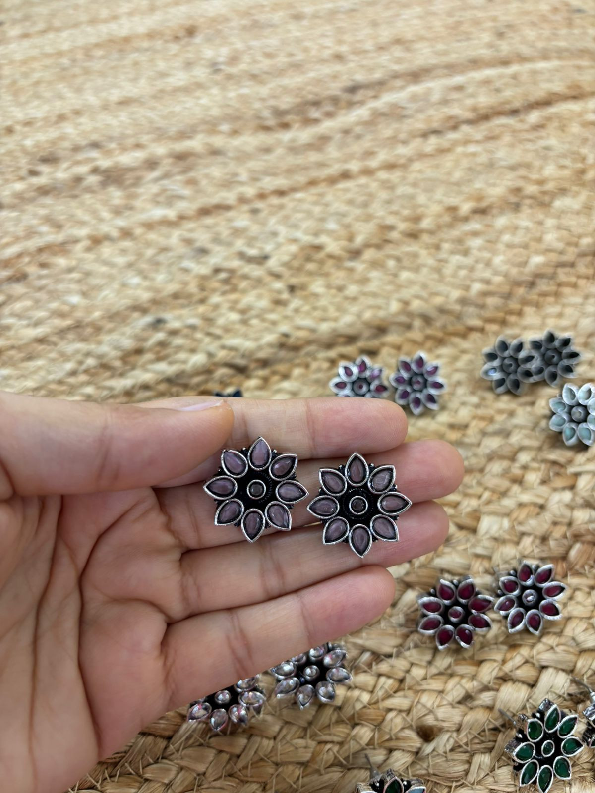 Metallic Silver Oxidised Studs With Stone Settings - Pink