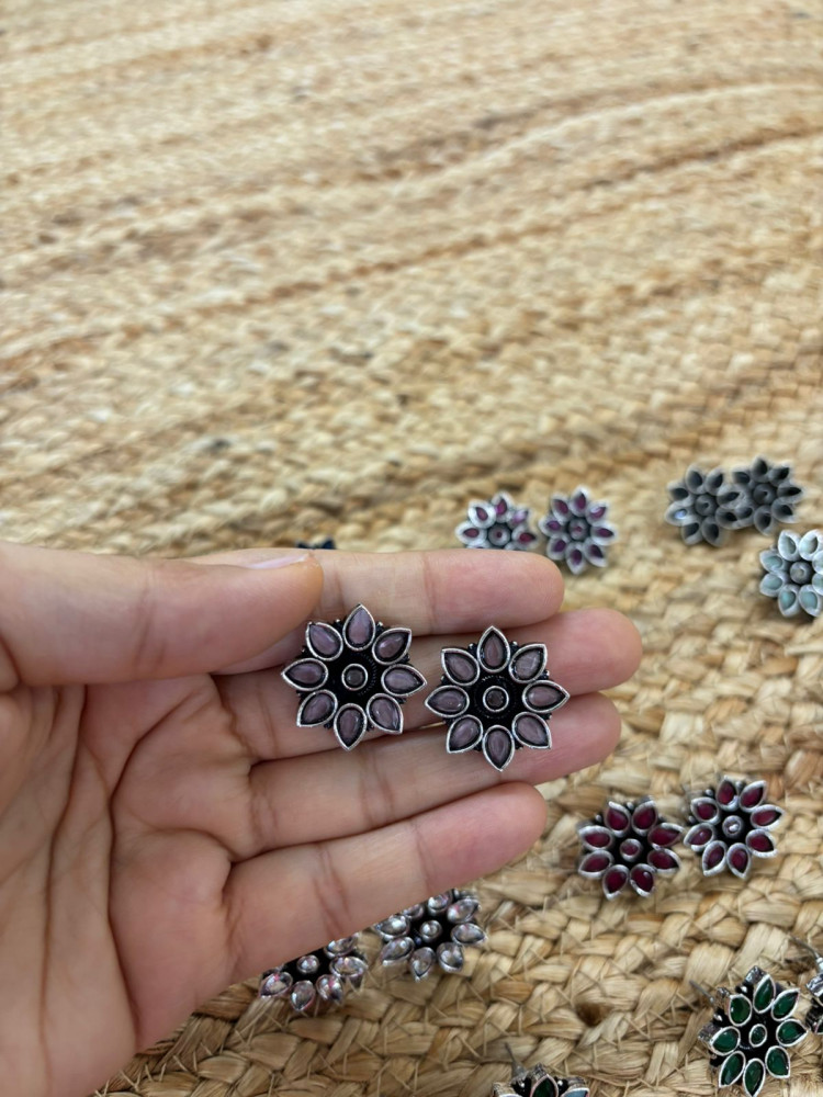 Image of Metallic Silver Oxidised Studs With Stone Settings - Pink