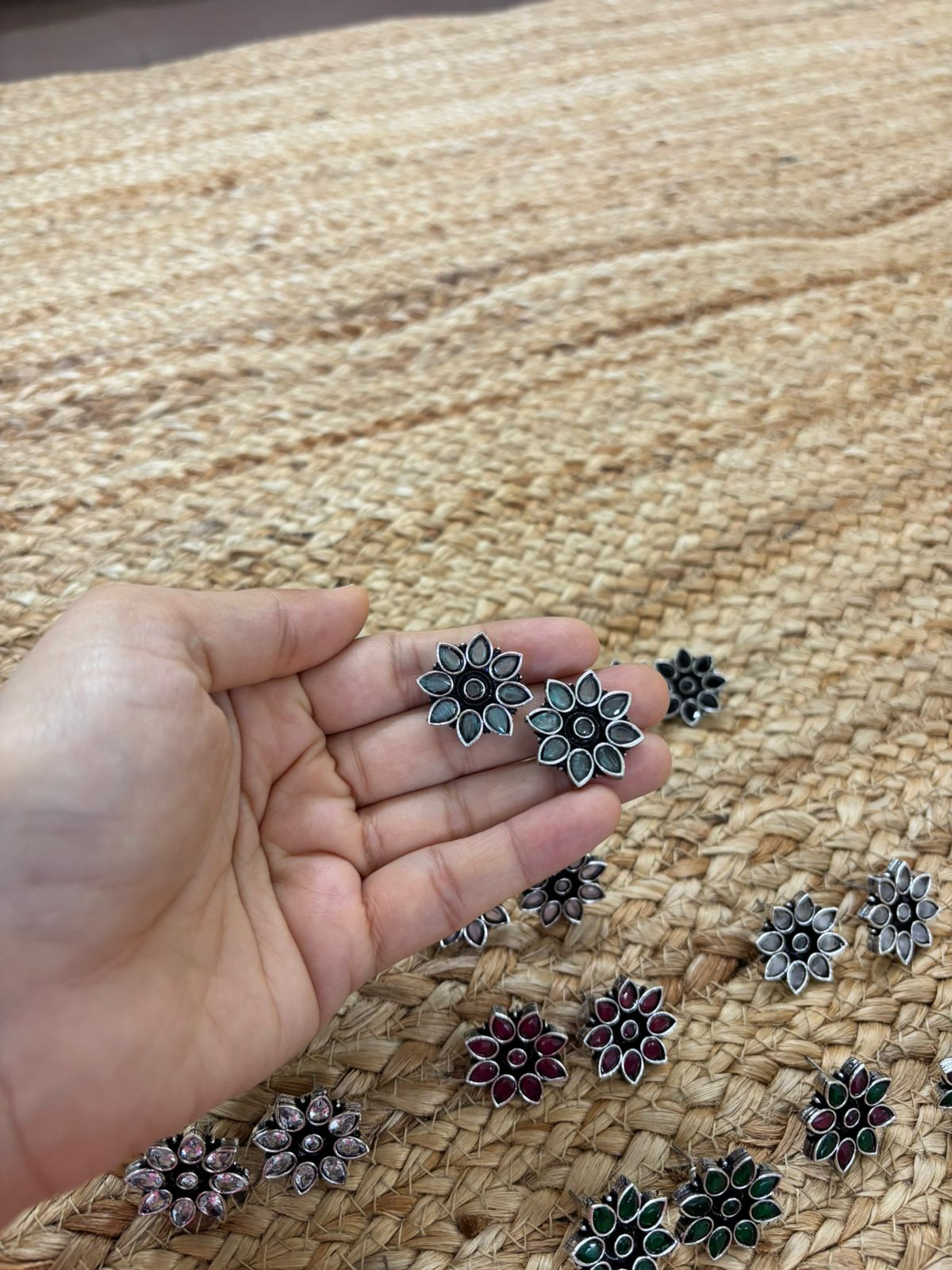 Metallic Silver Oxidised Studs With Stone Settings - Sea Green