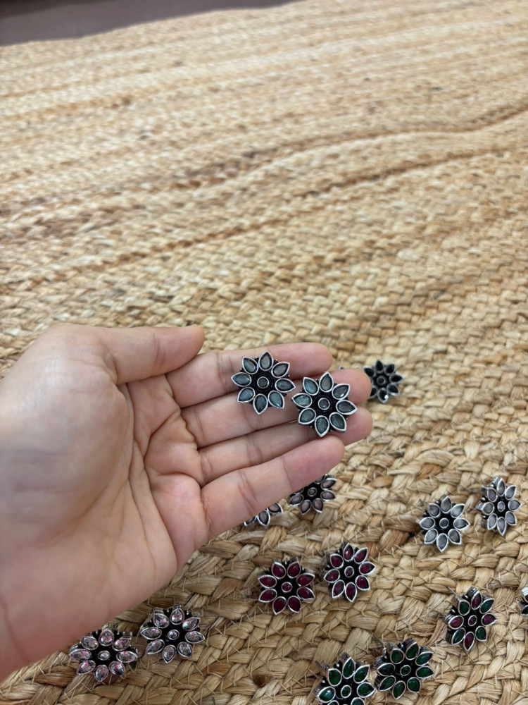 Image of Metallic Silver Oxidised Studs With Stone Settings - Sea Green