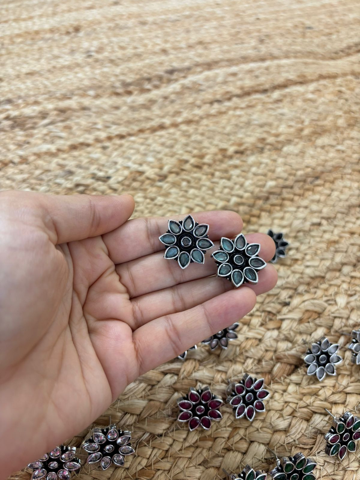 Metallic Silver Oxidised Studs With Stone Settings - Sea Green