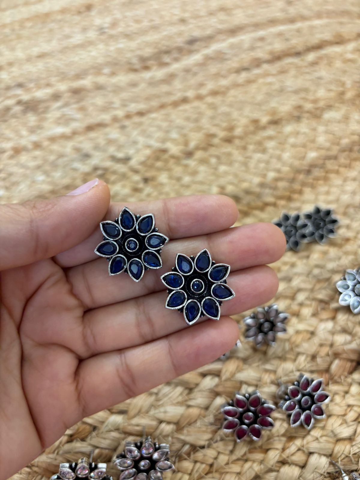 Metallic Silver Oxidised Studs With Stone Settings - Blue