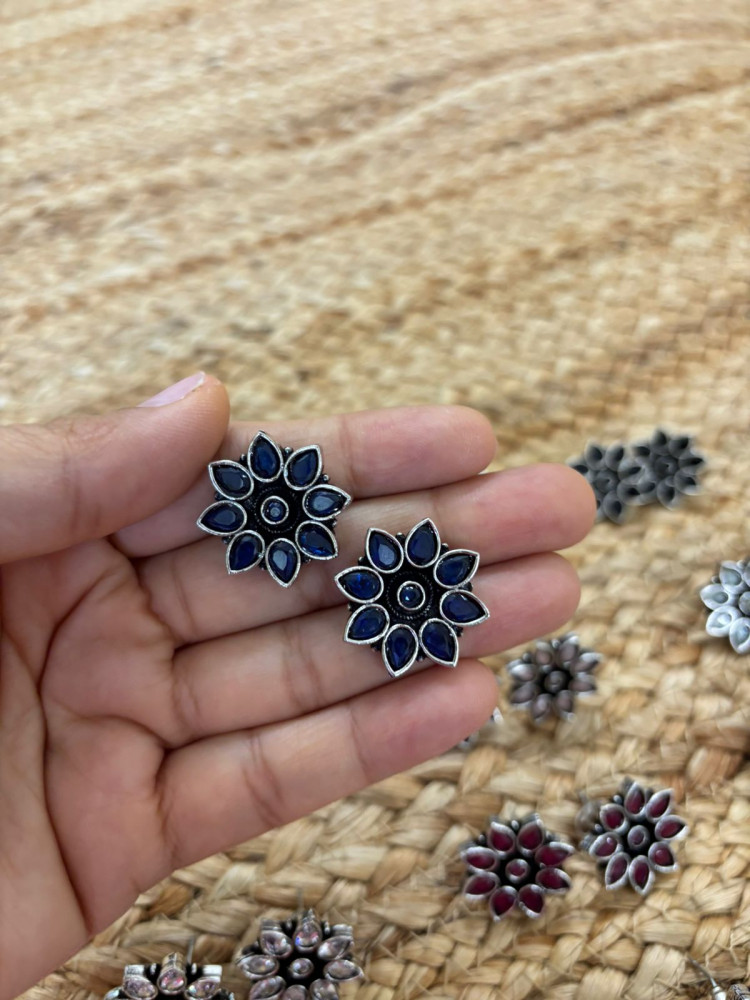 Image of Metallic Silver Oxidised Studs With Stone Settings - Blue